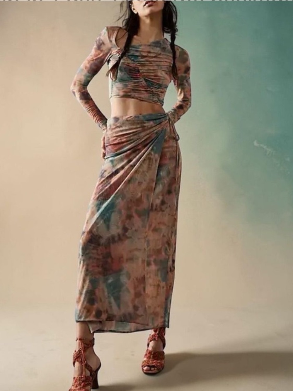 Free People Super Nova Set-Mesh Long Sleeve Crop Top & Wrap Skirt - Size Large